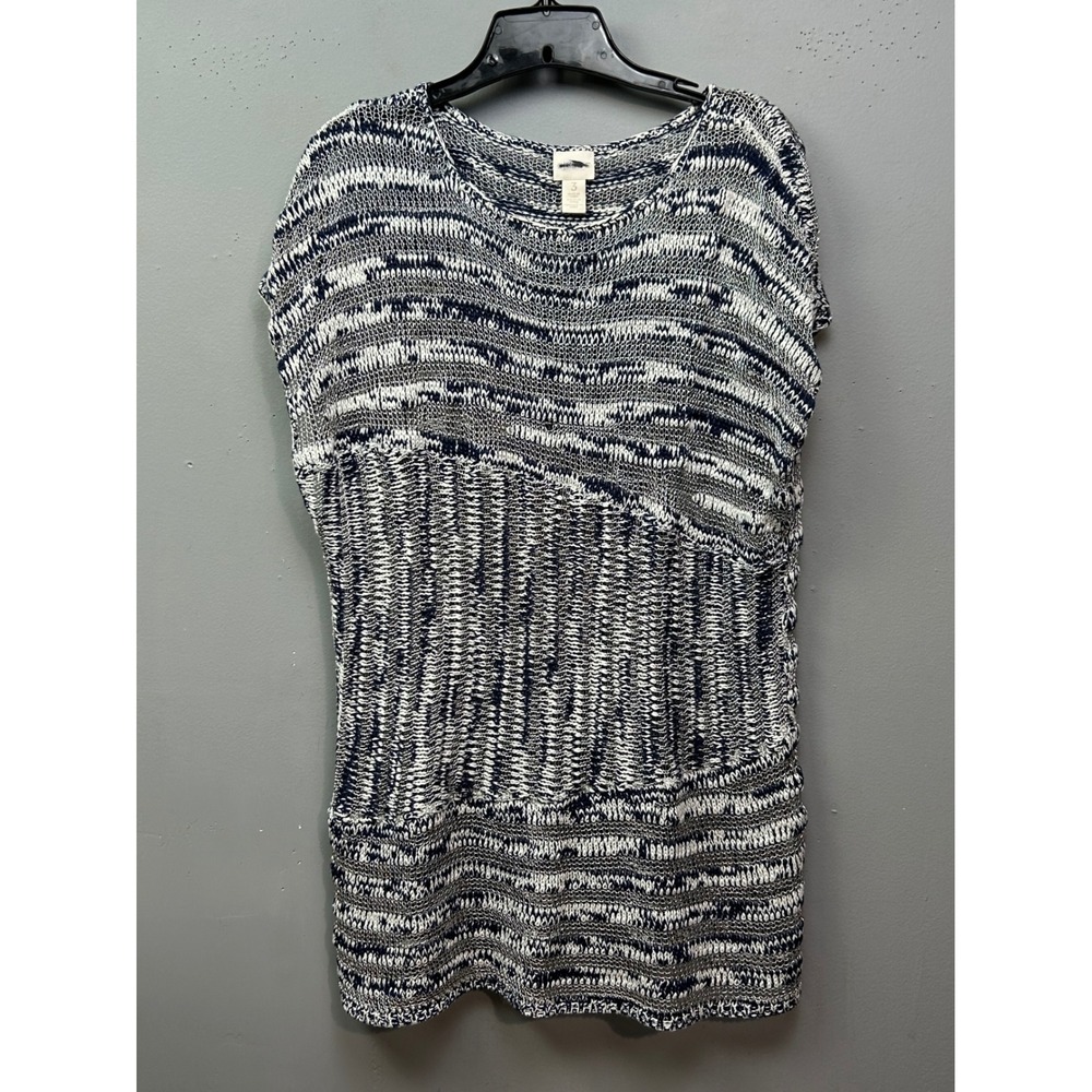 Chico's Tunic Womens XL 3 Navy Blue Space Dye Mixed Knit Short Sleeve Scoop Neck
